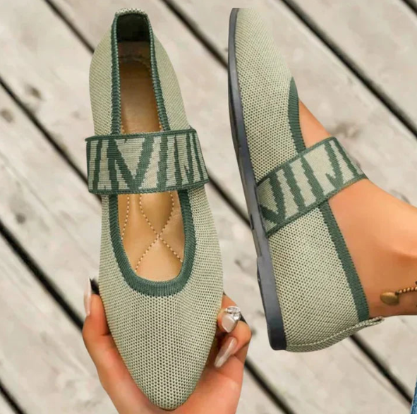 Women's patterned ballet flats with secure ankle strap in neutral spring tones, everyday flat silhouette