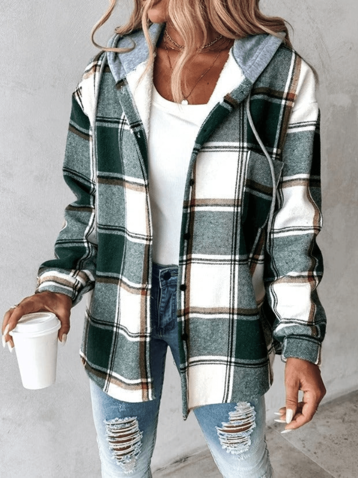 Women's grey white plaid hoodie shacket soft brushed fabric cozy checkered layering jacket