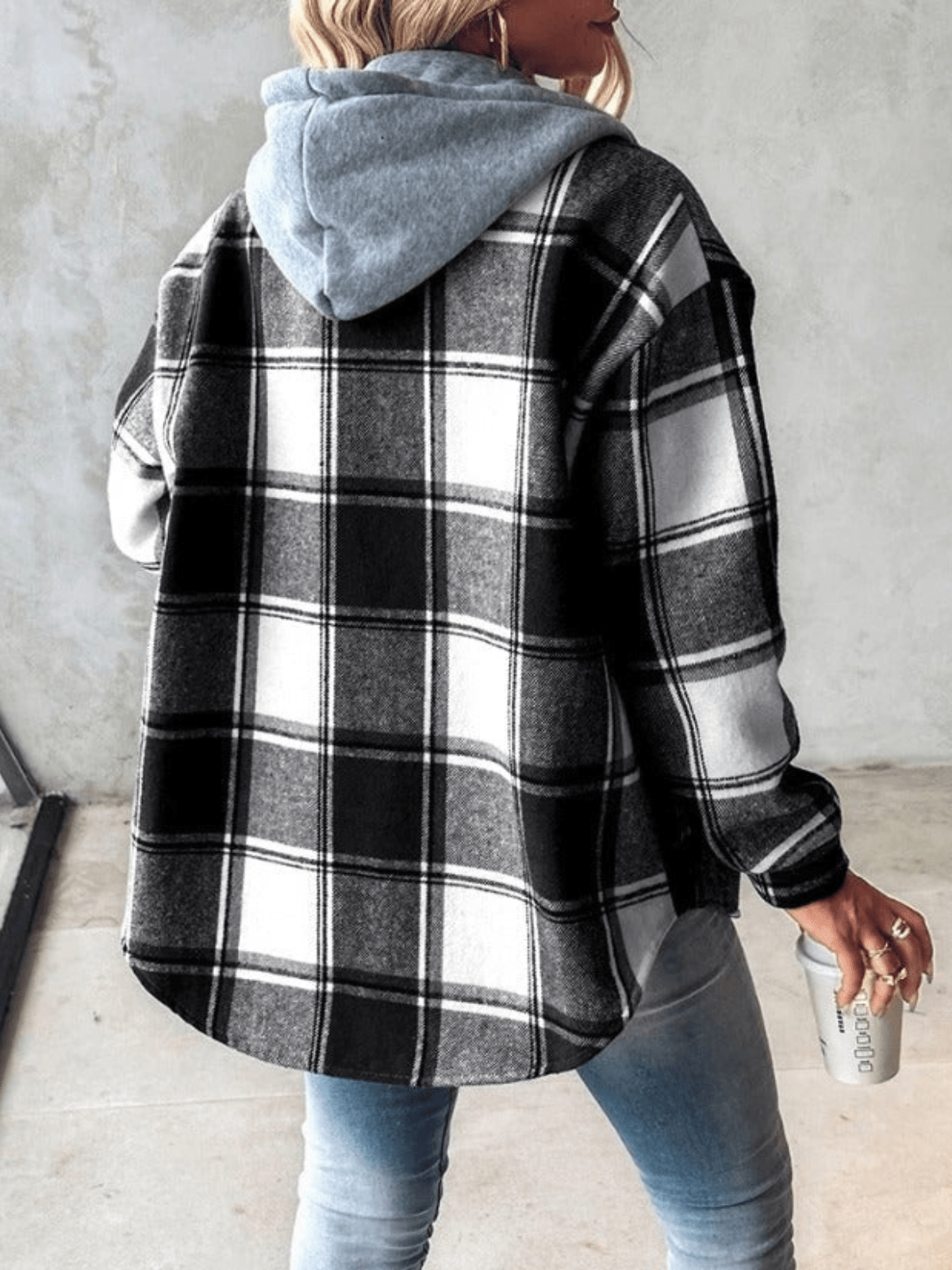 Women's grey white plaid hoodie shacket soft brushed fabric cozy checkered layering jacket