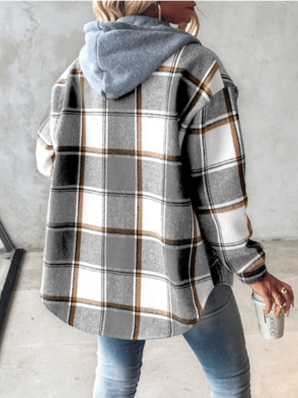 Women's grey white plaid hoodie shacket soft brushed fabric cozy layering jacket casual style