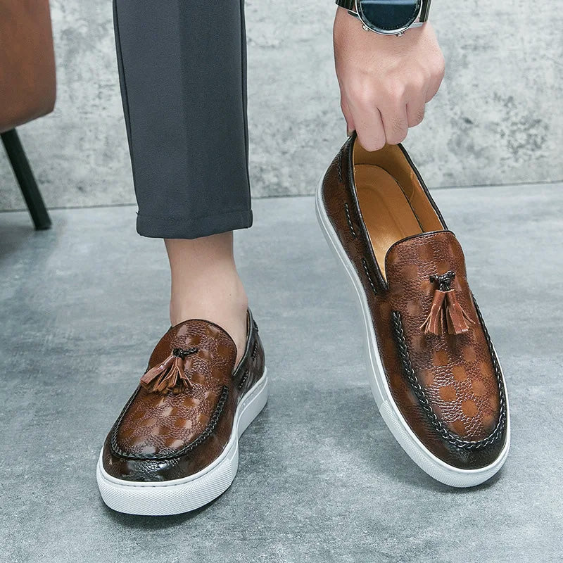 Sartori genuine leather loafers black embossed checkered pattern slip-on cushioned sole modern professional