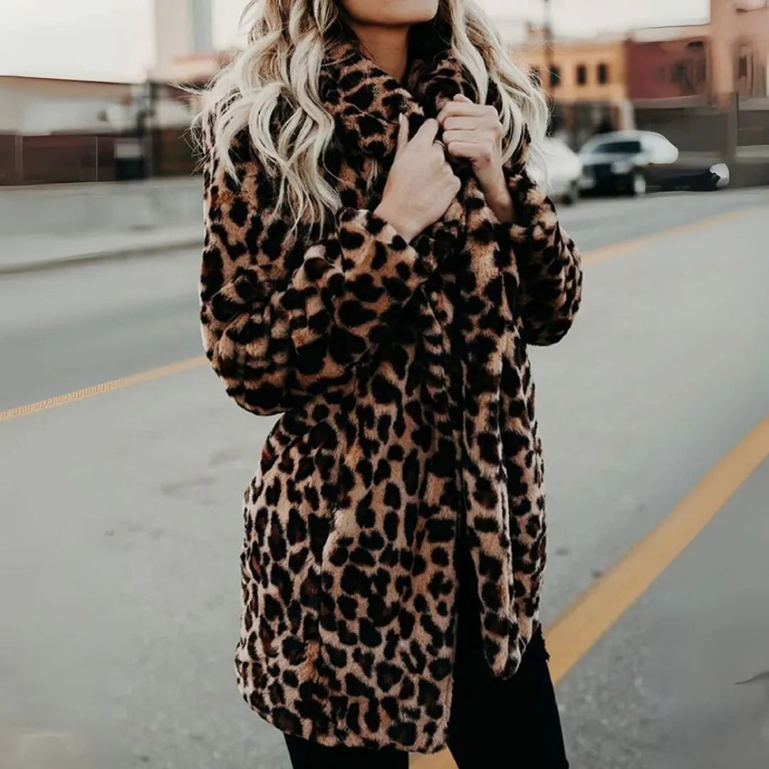 Women's leopard print faux fur coat with plush warmth, statement collar, and side pockets
