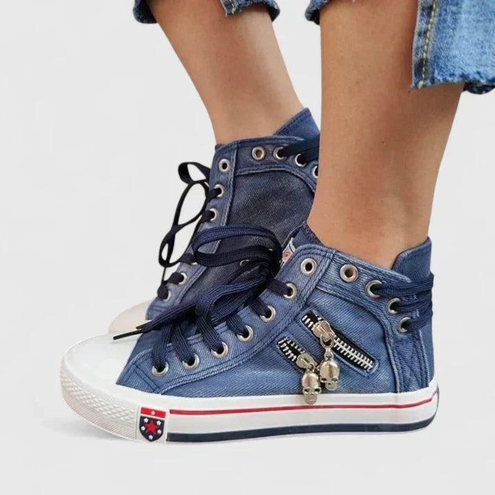Freya | Women's Denim High Top Lace-Up Sneakers with Side Zip