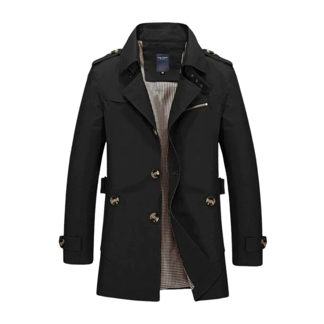 Men's double-breasted belted trench coat water-resistant classic tailored outerwear in neutral tone