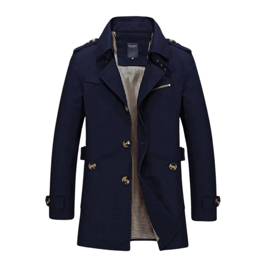 Men's double-breasted belted trench coat water-resistant classic tailored outerwear in neutral tone