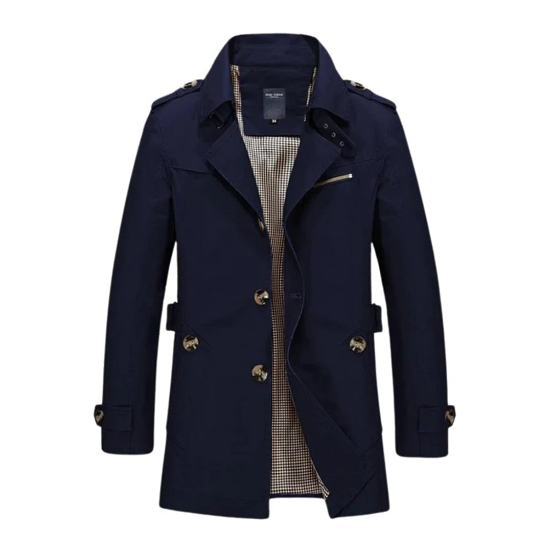 Men's double-breasted belted trench coat water-resistant classic tailored outerwear in neutral tone