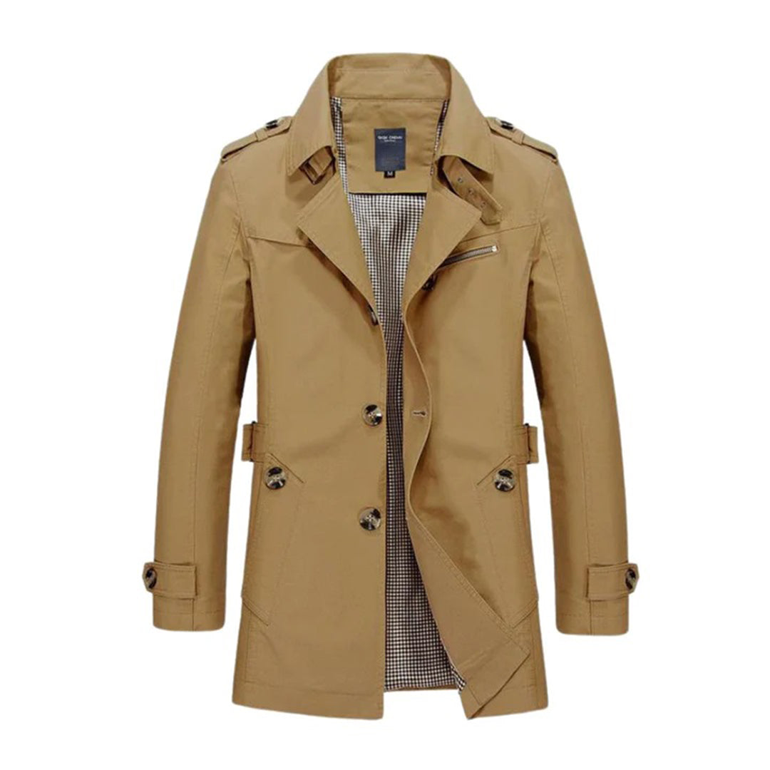 Men's double-breasted belted trench coat water-resistant classic tailored outerwear in neutral tone