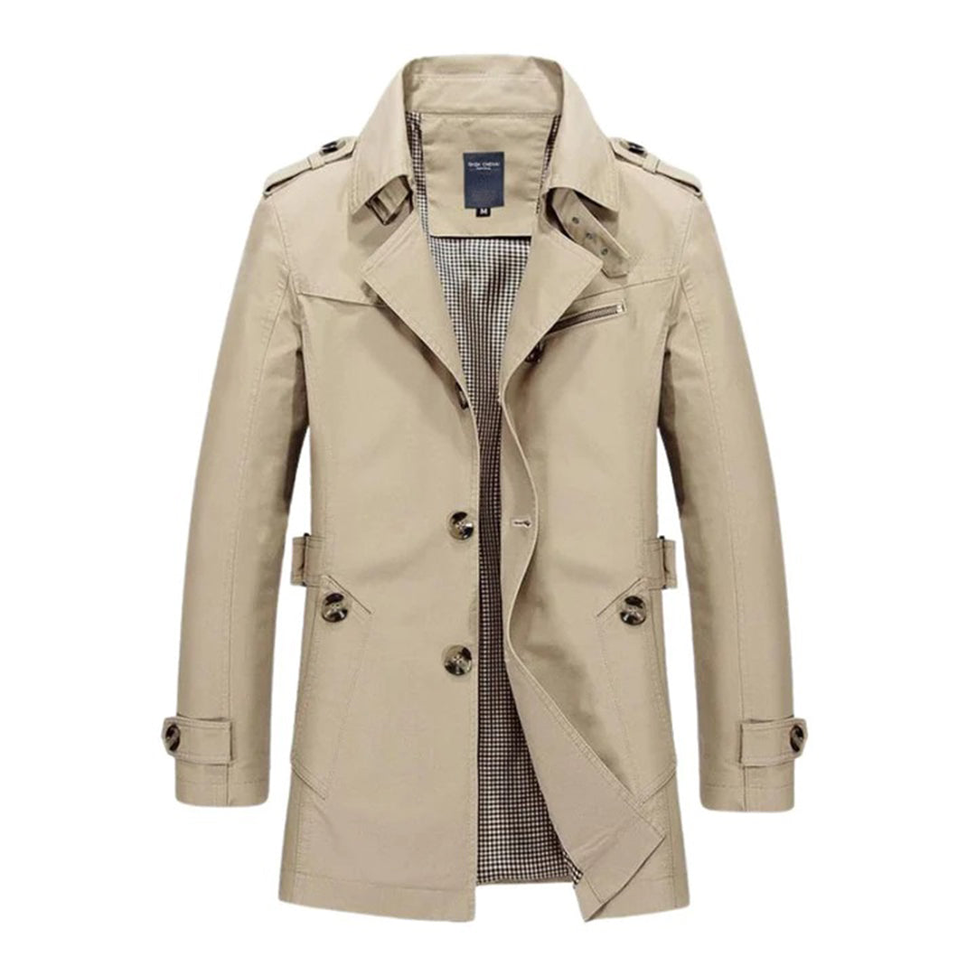 Men's double-breasted belted trench coat water-resistant classic tailoring neutral tone outerwear