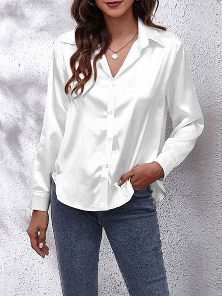 Women's satin button-front blouse loose fit classic collar light-catching fabric Nordic Flair
