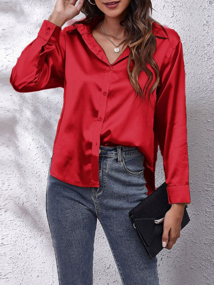 Women's satin button-front blouse loose fit classic collar light-catching fabric Nordic Flair