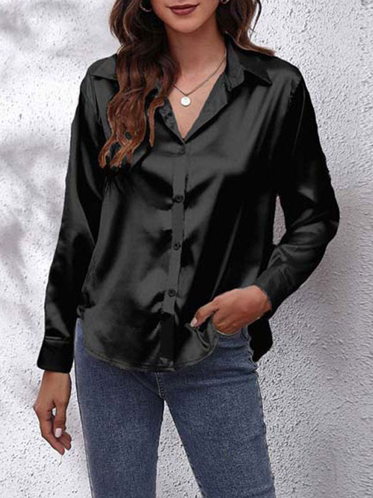 Women's satin button-front blouse loose fit classic collar light-catching fabric Nordic Flair