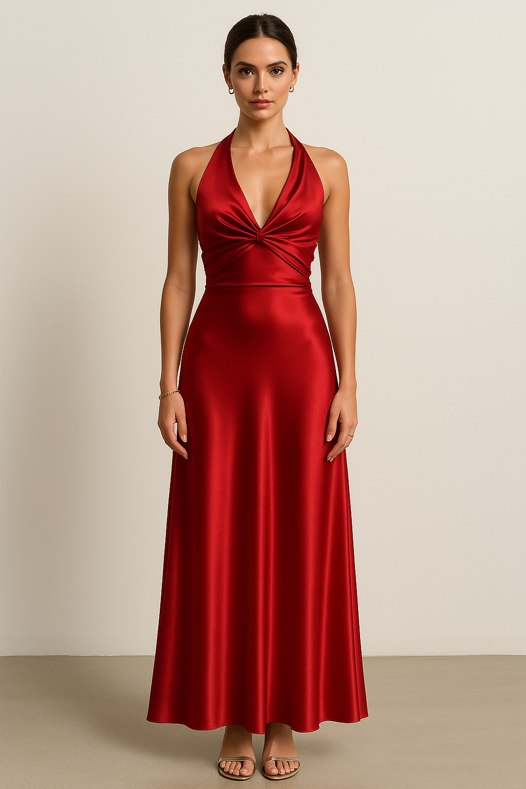 Satin halter maxi prom gown with twist-front bodice and dramatic open-back bow detail