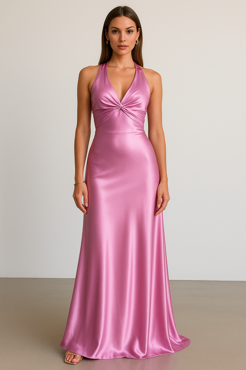 Satin halter maxi prom gown with twist front bodice and dramatic open-back bow detail