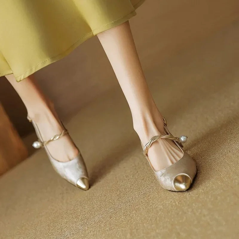 Savana brocade satin kitten heels with pearl twisted strap and metallic cap toe, vintage chic style