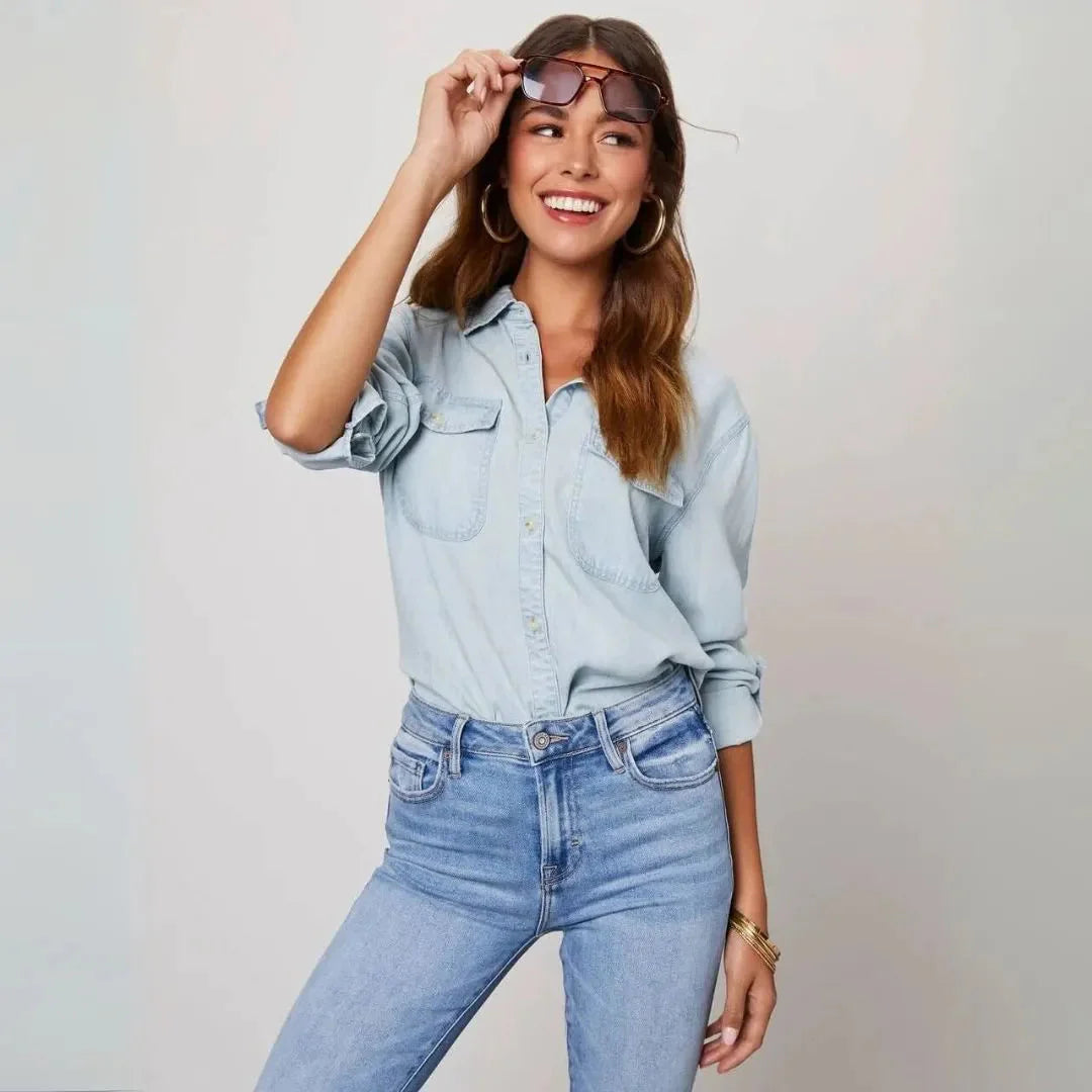 Women's relaxed-fit long-sleeve blue denim button-up shirt with soft breathable fabric for casual wear