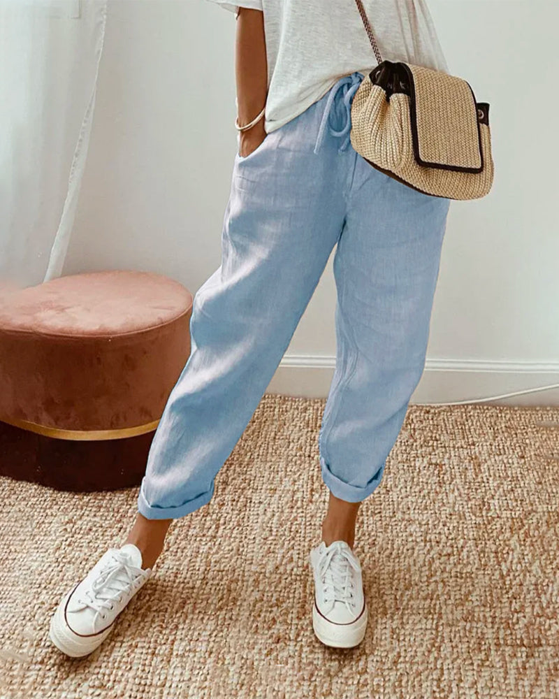 Lightweight breathable linen trousers, relaxed full-length fit with anti-sweat fabric for sunny days