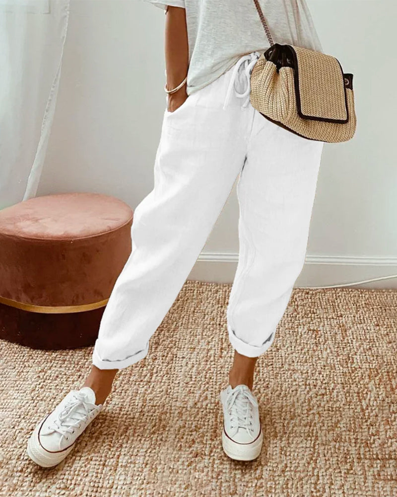 Lightweight breathable linen trousers relaxed fit full-length anti-sweat fabric for sunny day comfort