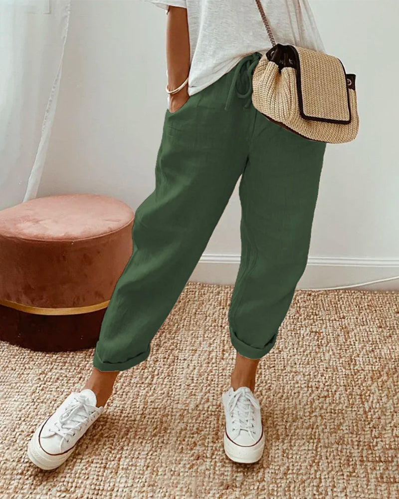 Lightweight breathable linen trousers, relaxed full-length fit with anti-sweat fabric for sunny days