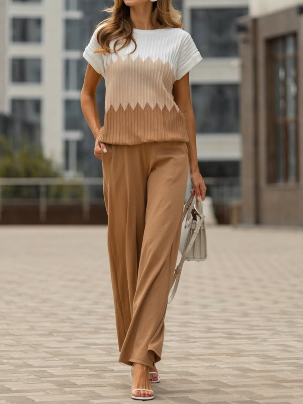 Women's colorblock crew-neck sweater set with contrast panels and wide-leg pants