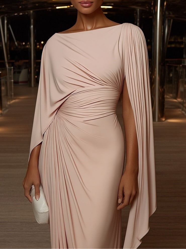Pleated maxi dress slim fit irregular drape flowing skirt bowl neckline stretchy polyester women