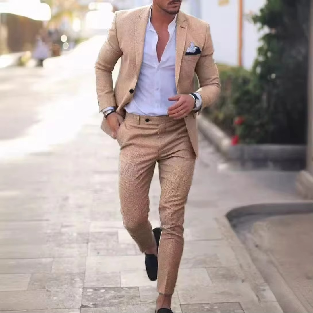Men's light beige linen two-piece blazer and pants suit set tailored for summer weddings and beach events
