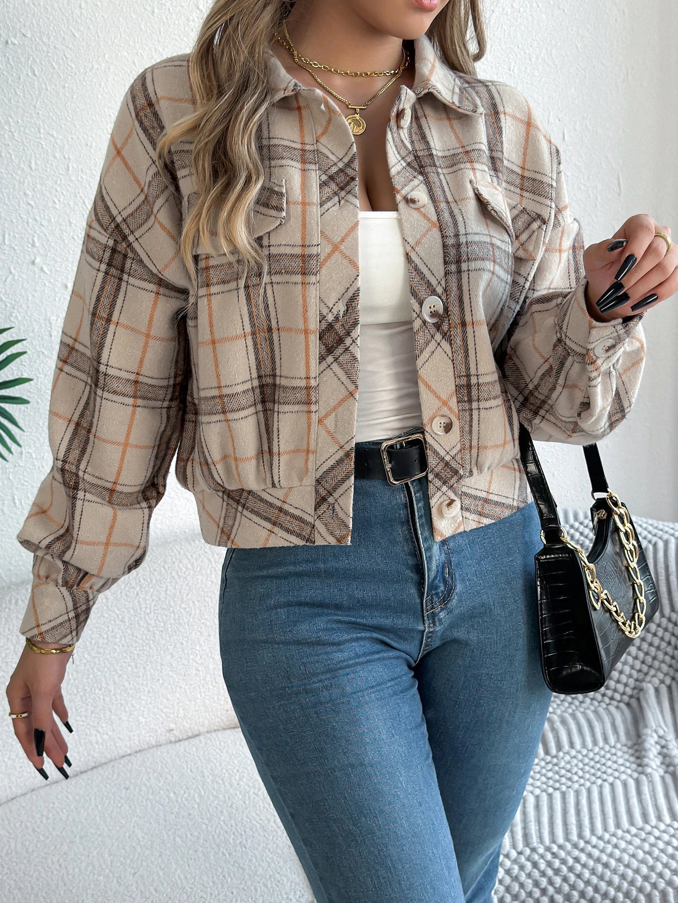 Women's cropped plaid jacket waist-length brushed fabric bold warm-tone pattern chic outerwear