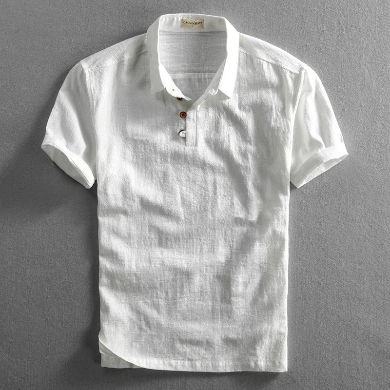 Men's white linen-cotton blend polo shirt relaxed fit classic collar lightweight breathable summer style