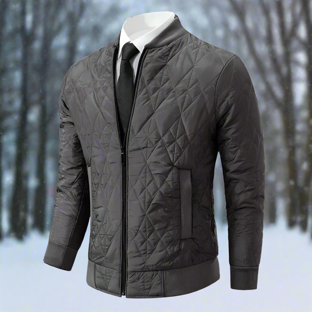 Men's navy quilted bomber jacket regular fit with ribbed accents and zip front closure