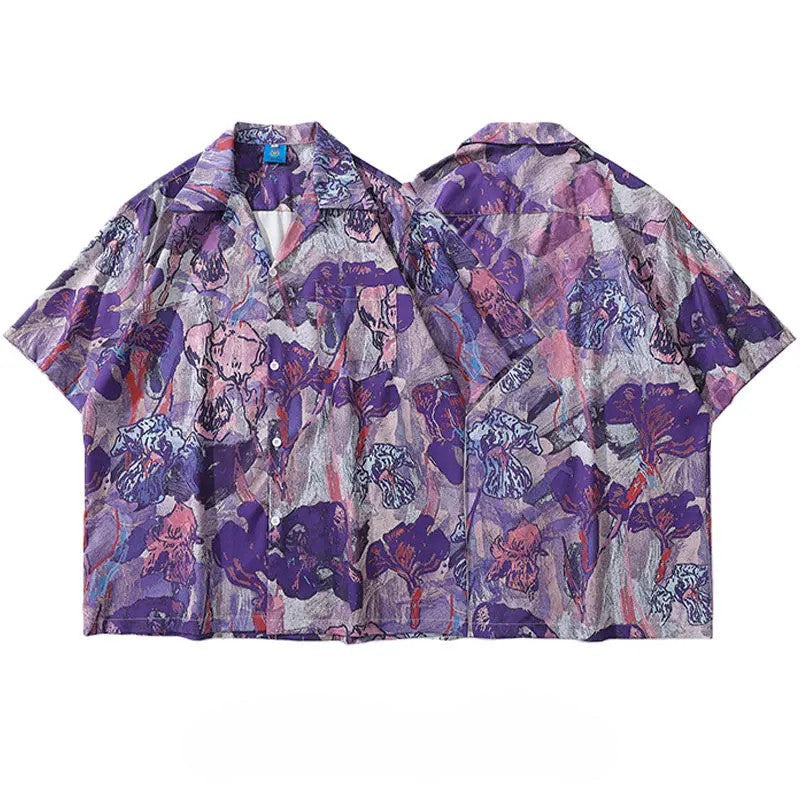 Women's purple pink abstract floral oversized shirt lightweight breathable vintage-inspired bold print