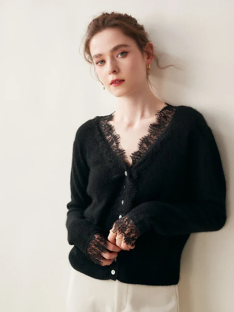 Women's fitted cardigan with lace trim and button front, elegant chic hip length style