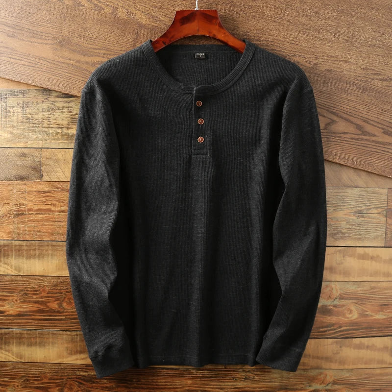 Men's ribbed relaxed fit Henley shirt in neutral tone with textured rib-knit fabric