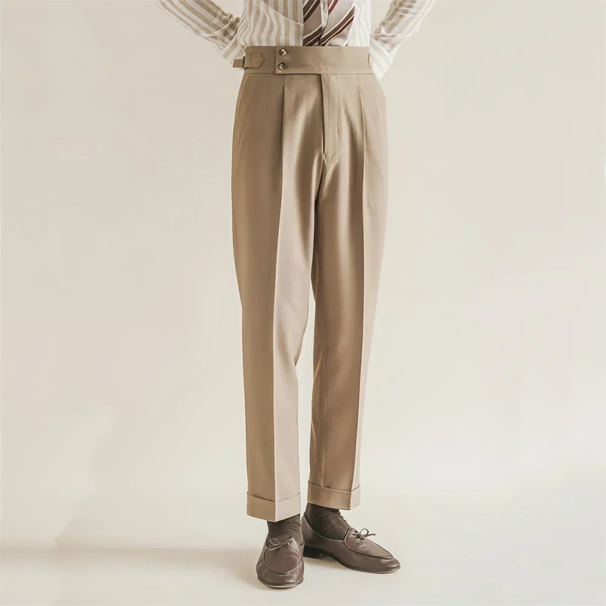 Men's high waist tailored fit trousers with front pleats, Nordic-inspired straight silhouette for professionals