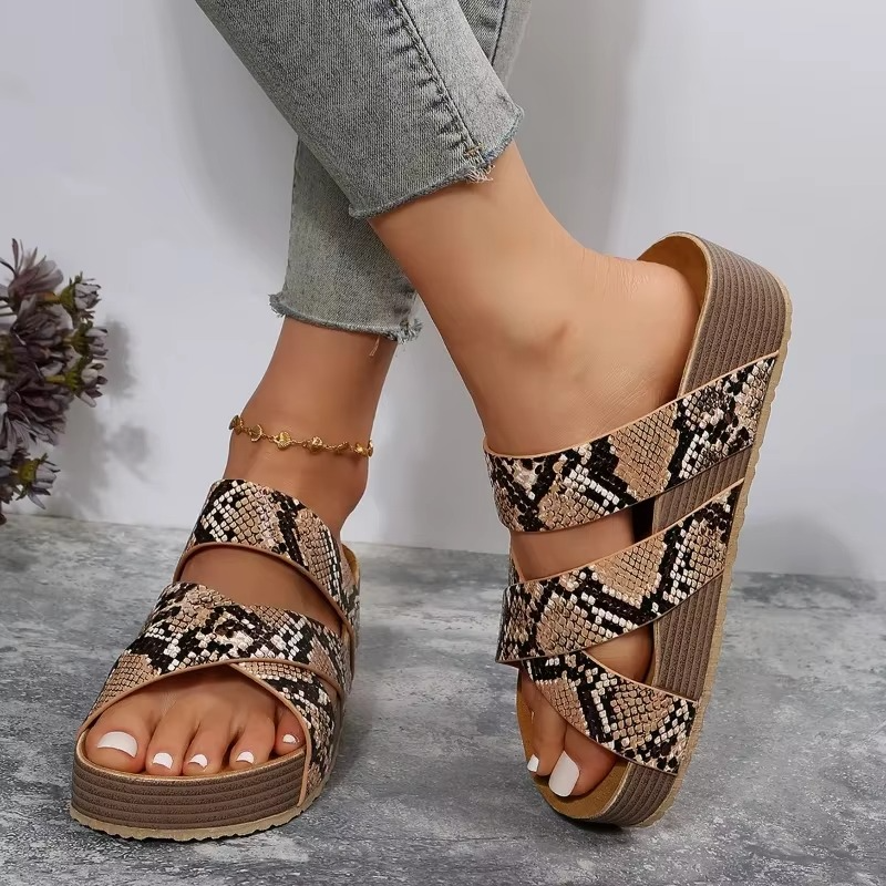Women's brown open-toe platform slip-on sandals with cushioned sole, extended sizing to 12