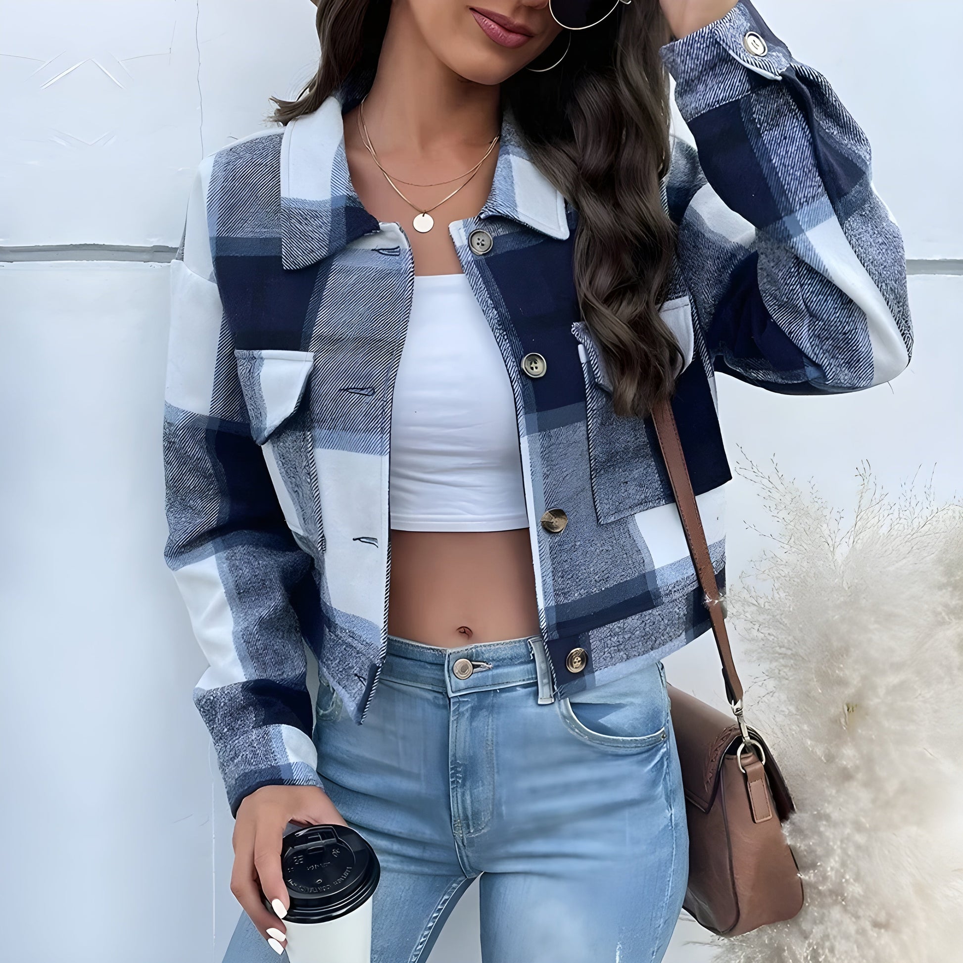 Women's cropped plaid-wash jacket with faux horn buttons, patch pockets, and soft shoulder collar