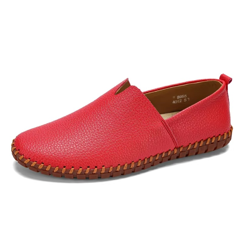 Plus size mens black PU leather slip-on loafers handmade breathable smart-casual summer comfort