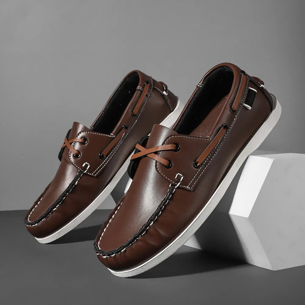 Men's two-tone navy synthetic leather slip-on boat shoes with cushioned EVA foam sole