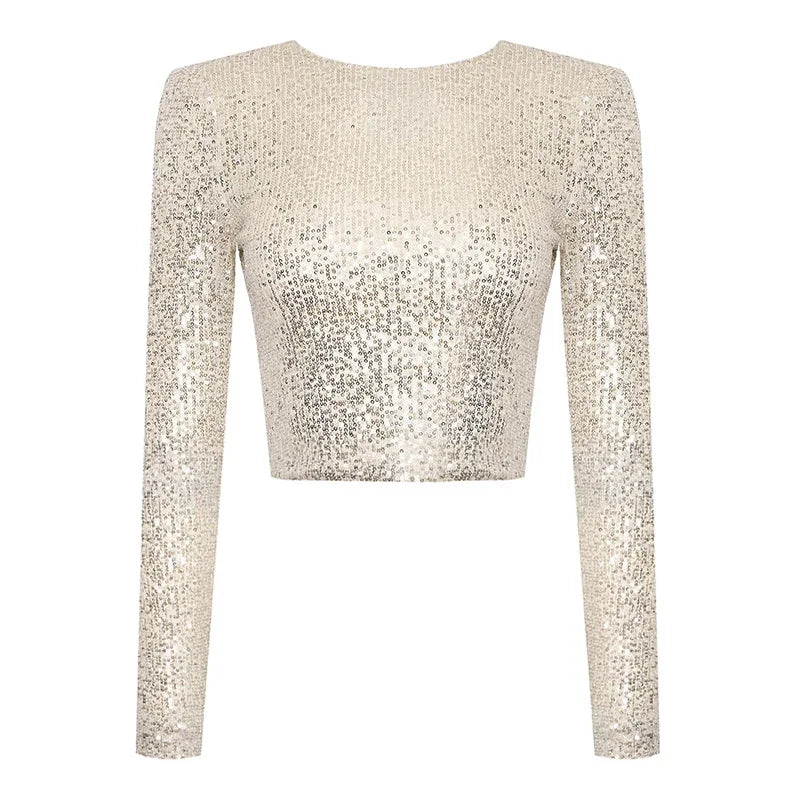 Sequined lace cropped top long sleeves round neckline sparkling eveningwear black beige silver