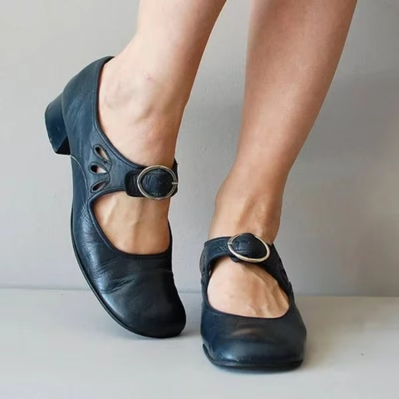 Retro low heel women's dress shoes in classic tone with buckle strap and soft sole comfort fit