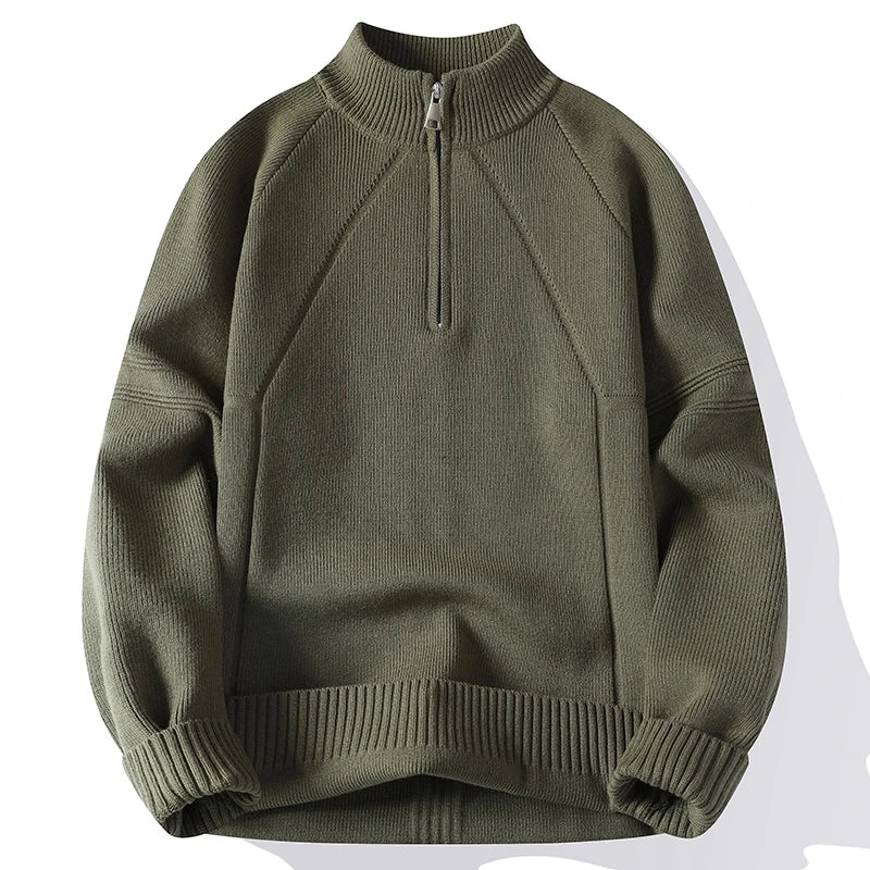 Men's mock neck half-zip knit sweater versatile base layer in neutral tone with clean silhouette