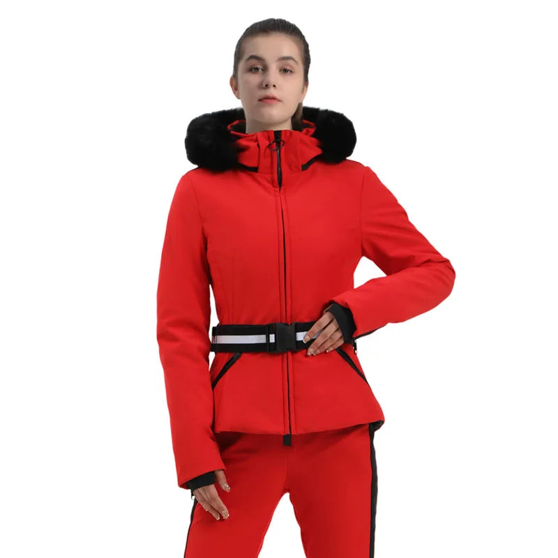 Women's patterned winter ski jacket structured fit layered warmth bold contemporary print outdoor ready