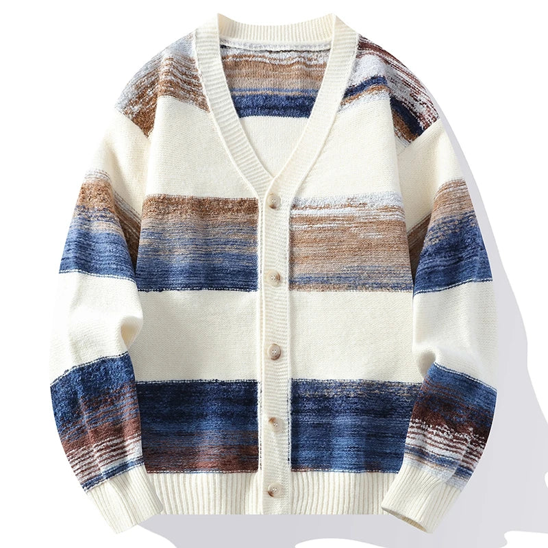 Men's color-blocked stripe cardigan V-neck Japanese retro brushstroke soft microfiber relaxed fit