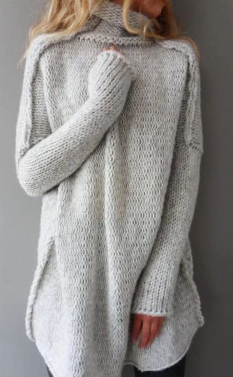 Women's grey knit pullover sweater long sleeve with cozy pile collar for autumn everyday style