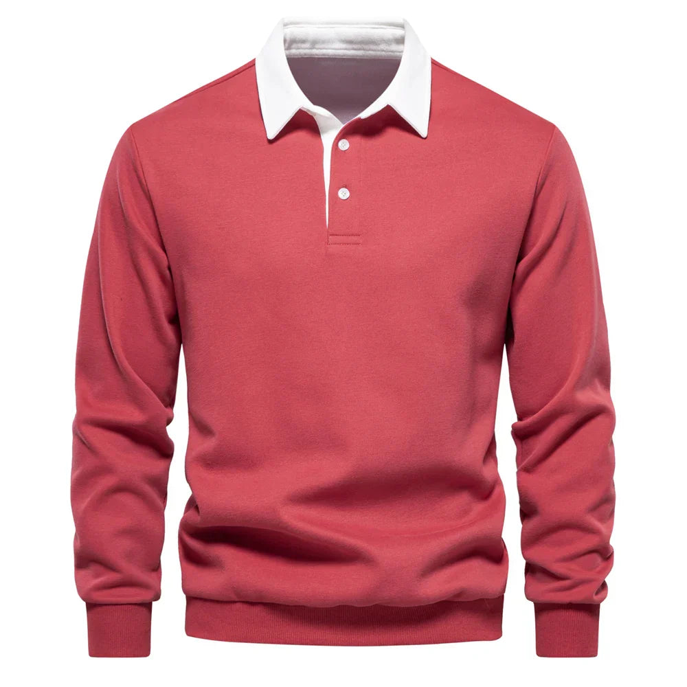Navy cotton knit polo pullover with heritage collar and crisp white contrast trim for smart-casual style