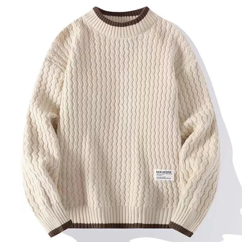 Men's black textured knit sweater with white contrast trim on collar, cuffs, and hem