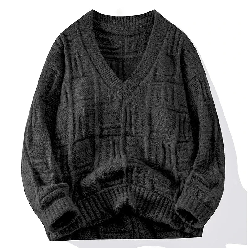 Textured geometric knit V-neck sweater relaxed fit unisex layering premium comfort casual style