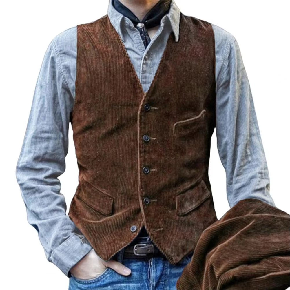 Olive herringbone tweed slim fit men's vest with V-neck, tailored waistcoat for weddings and business