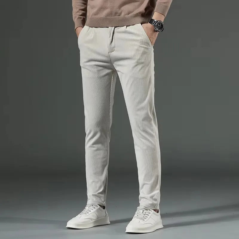 Men's dark corduroy dress pants fine-wale stretch trousers with tailored refined silhouette