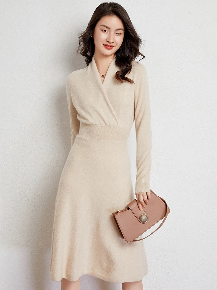 Women's ultrasoft cashmere wrap dress in classic hue, flattering V-neck and figure-defining silhouette