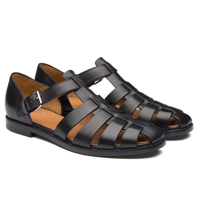 Men's brown leather dress sandals with woven strap detailing, formal open-toe style for summer outdoor wear