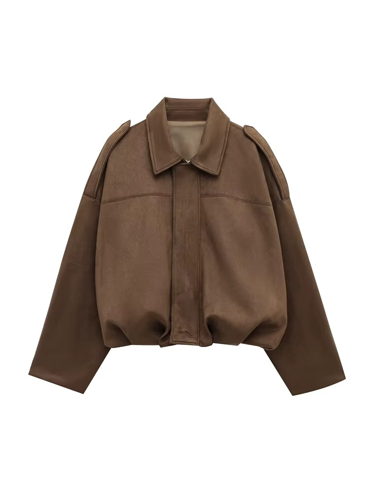 Women's vintage oversized bomber jacket in washed suede finish, relaxed fit classic outerwear